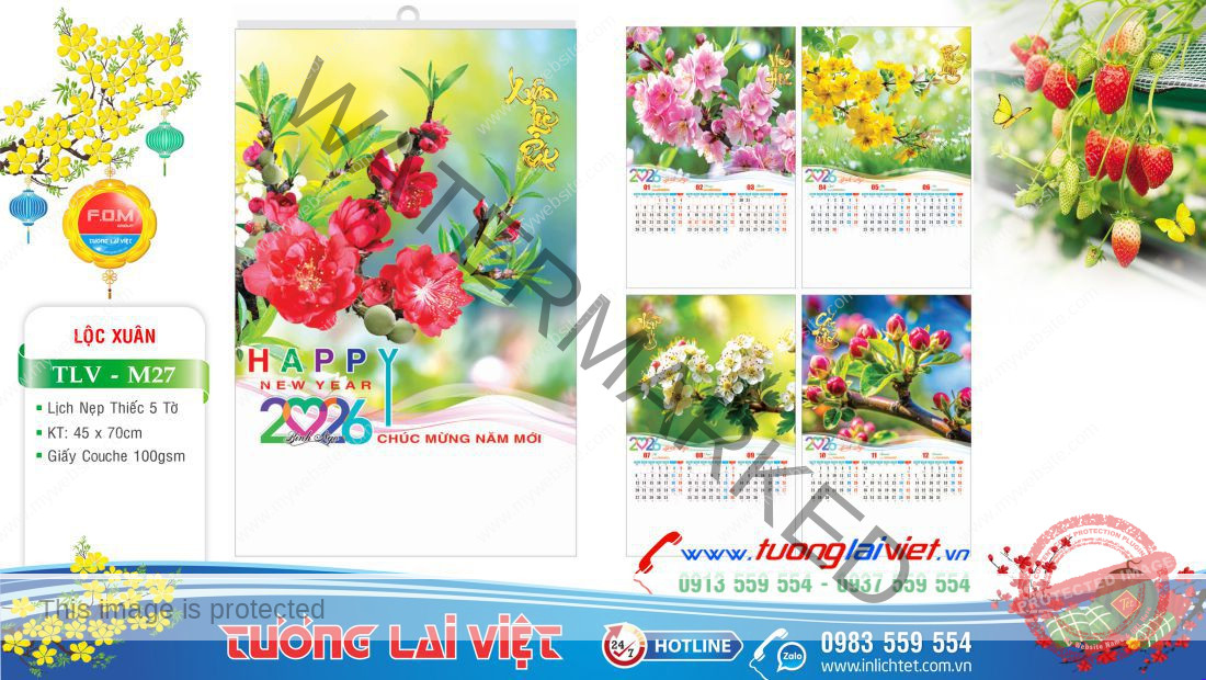 Lịch treo tường 5 tờ Lộc Xuân
